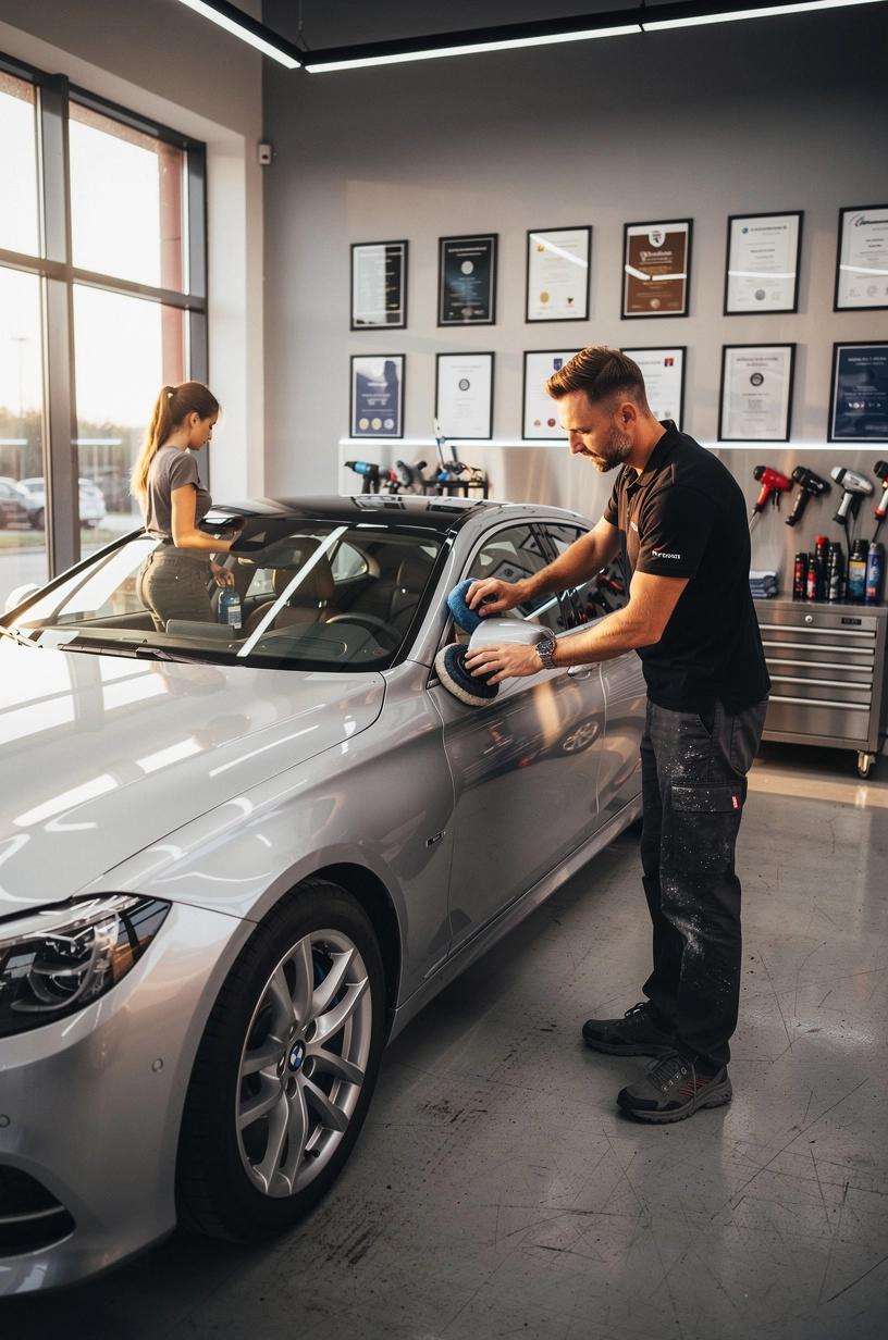 Detailný záber profesionálneho automechanika počas precíznej údržby luxusného osobného vozidla v modernom servisnom štúdiu na Slovensku